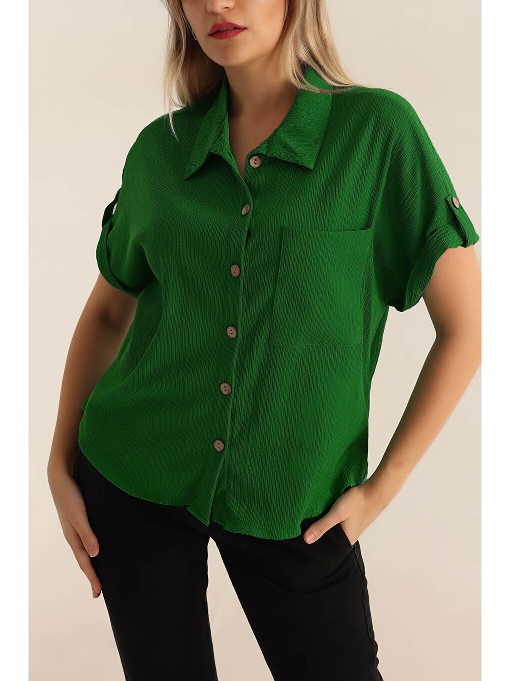 20182 - Duble Kol Kadın Krinkıl Gömlek - Yeşil
