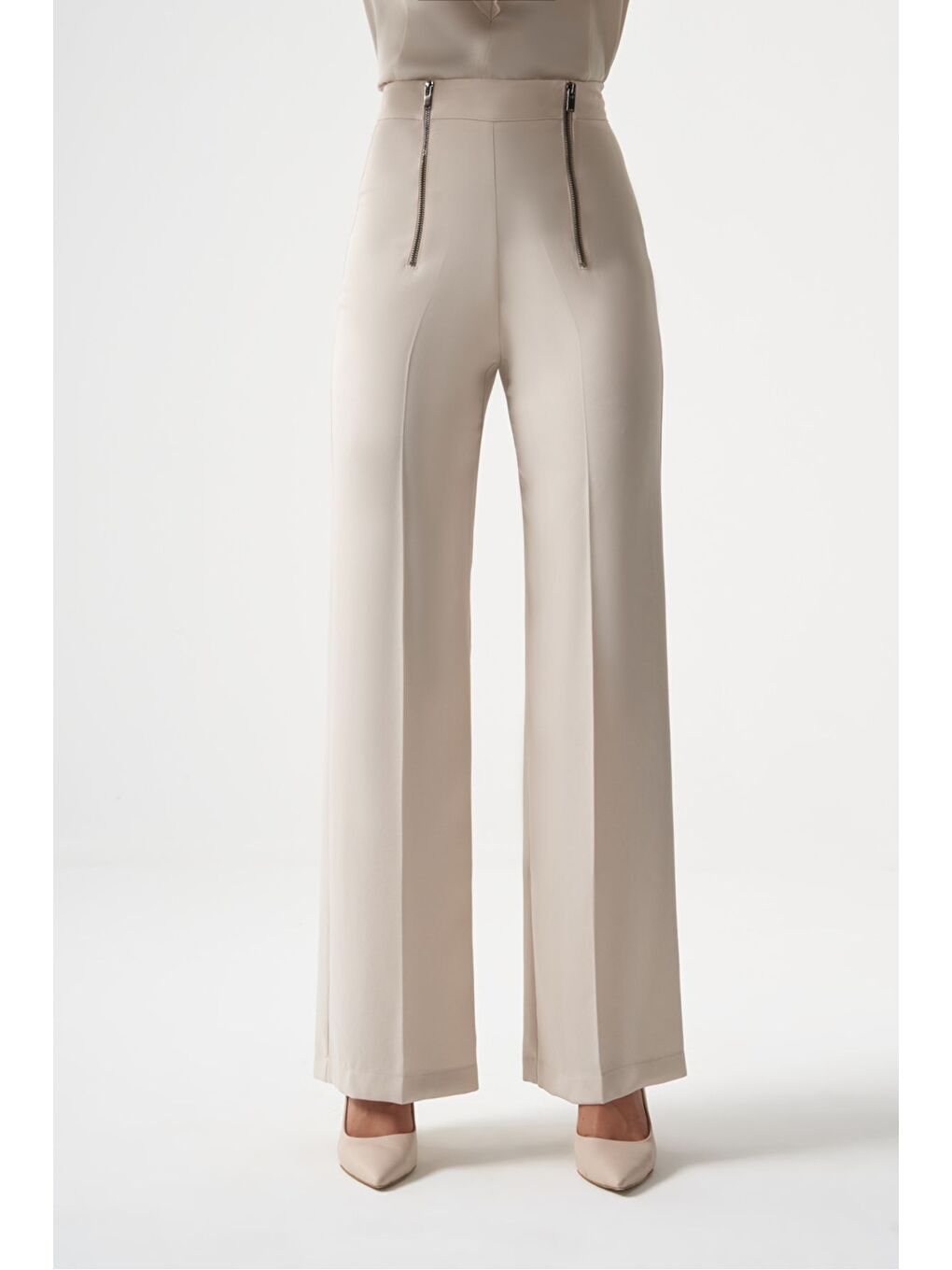 MZL Fermuar Detaylı Premium Kalite  Geniş Paça Bej Klasik Kumaş Pantolon