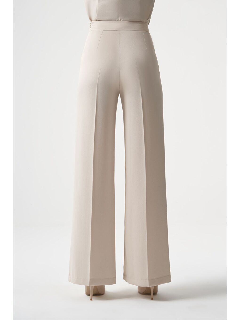 MZL Fermuar Detaylı Premium Kalite  Geniş Paça Bej Klasik Kumaş Pantolon-2