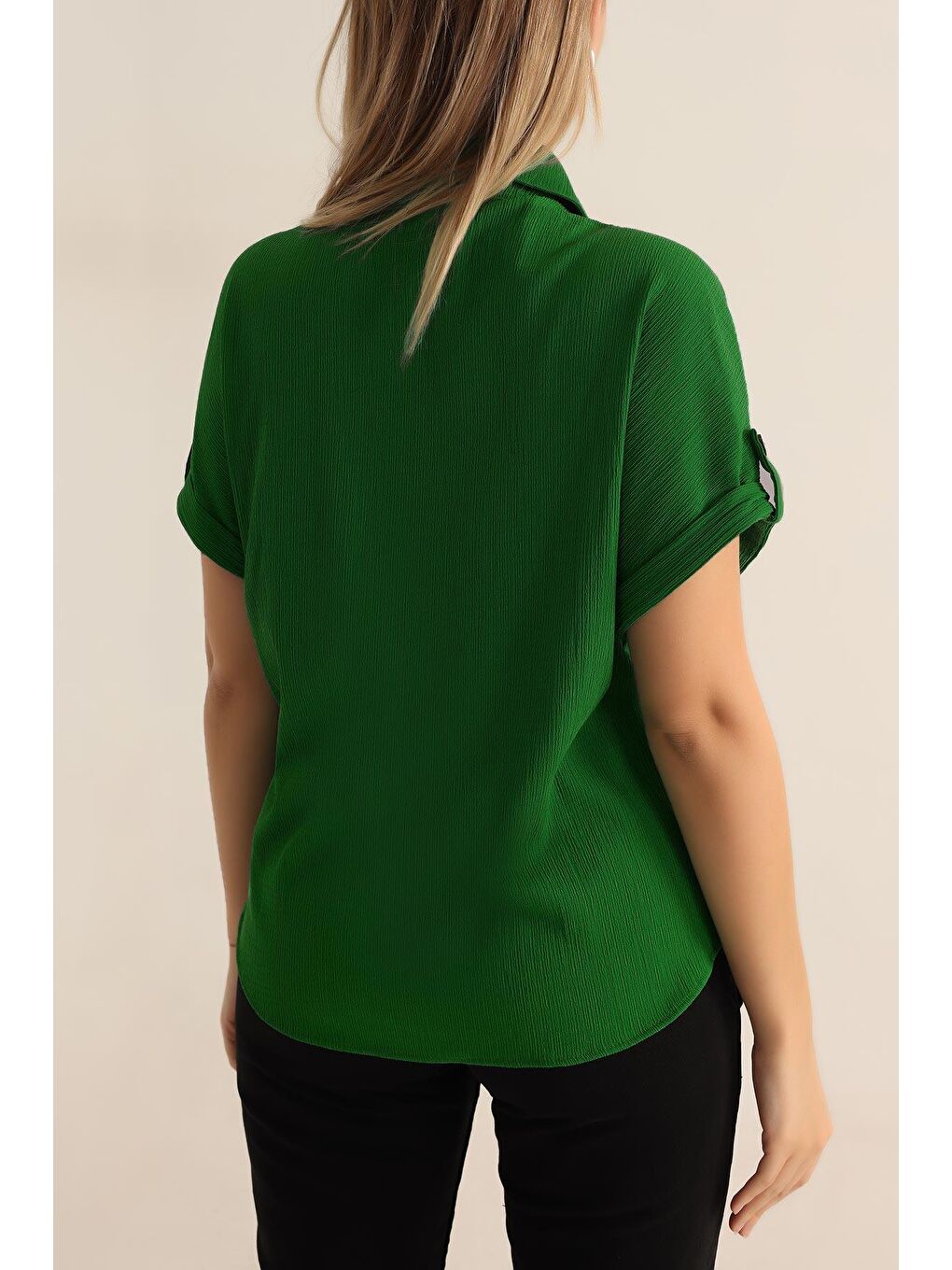 20182 - Duble Kol Kadın Krinkıl Gömlek - Yeşil-1