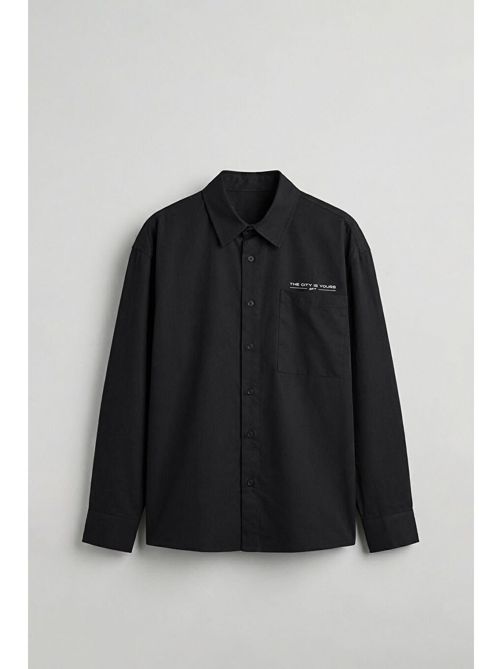Erkek Oversize Yazı Baskılı Uzun Kollu Cepli Gömlek Siyah
