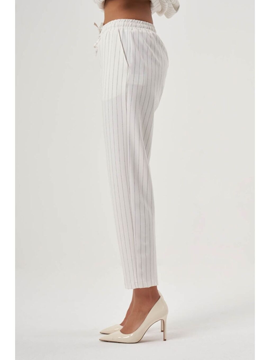 MZL Ekru Çizgili Beli Lastikli Klasik Kumaş Pantolon-1