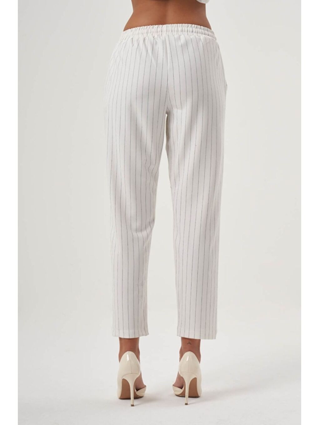 MZL Ekru Çizgili Beli Lastikli Klasik Kumaş Pantolon-2