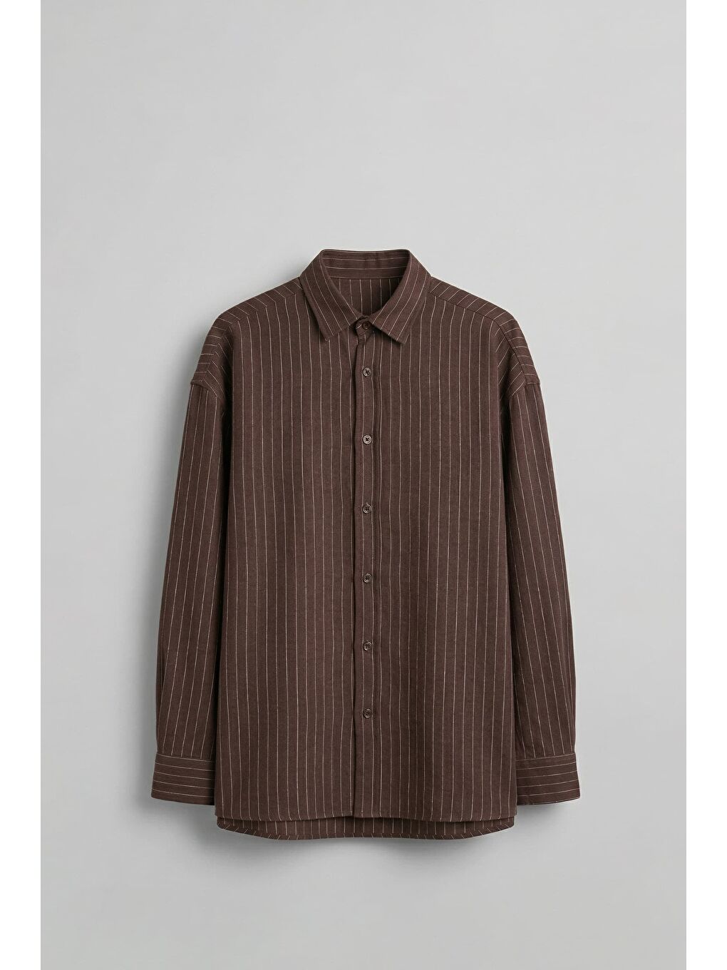 Erkek Oversize Çizgili Keten Karışımlı Uzun Kollu Gömlek Kahverengi
