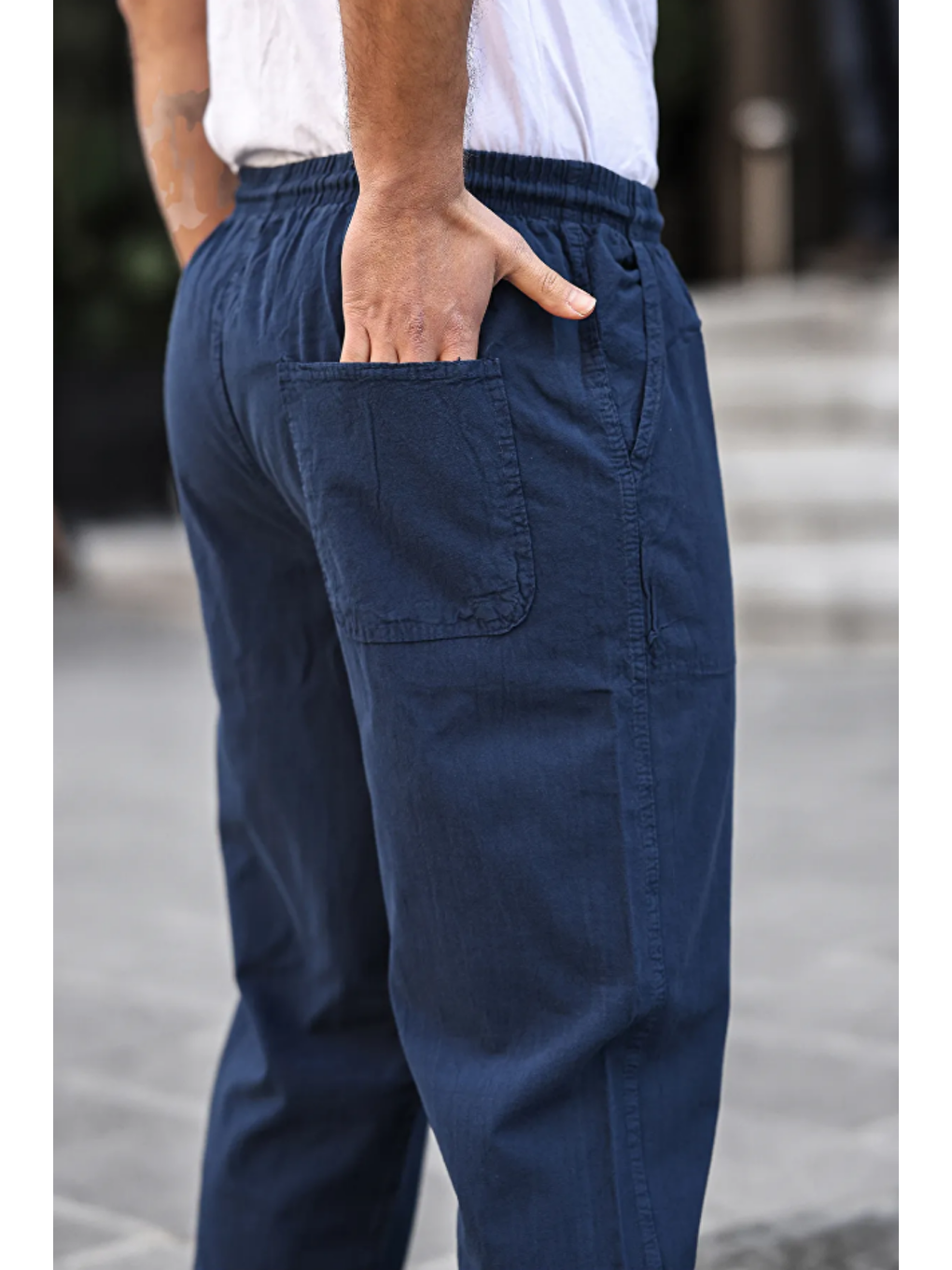 Erkek Lacivert Relaxed Fıt Pamuklu Keten Pantolon-1