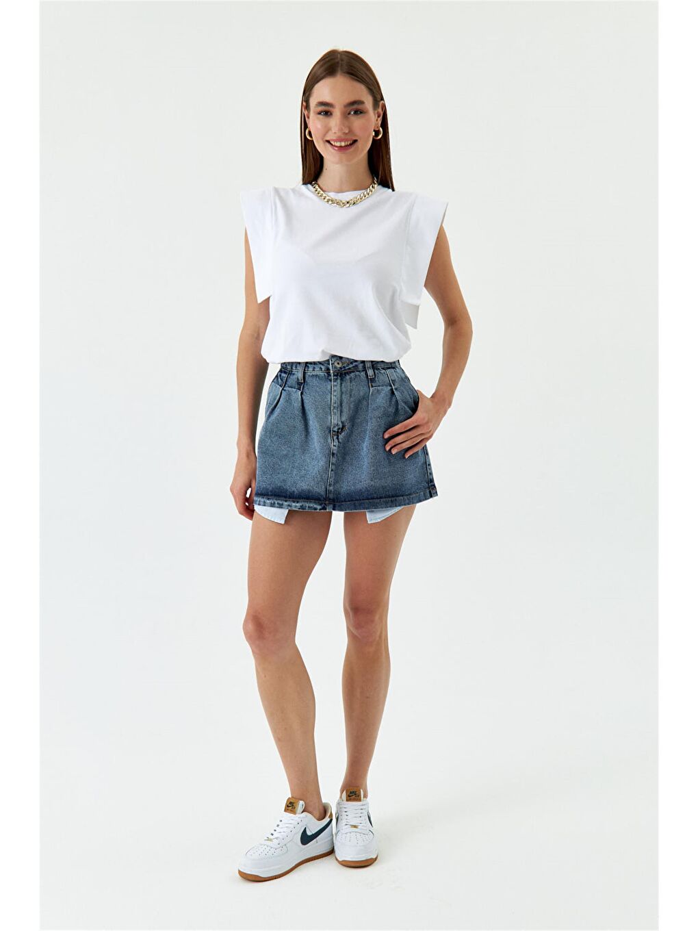 Mini Pileli Mavi Jean Etek