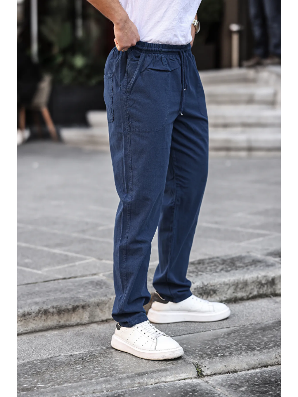 Erkek Lacivert Relaxed Fıt Pamuklu Keten Pantolon-2