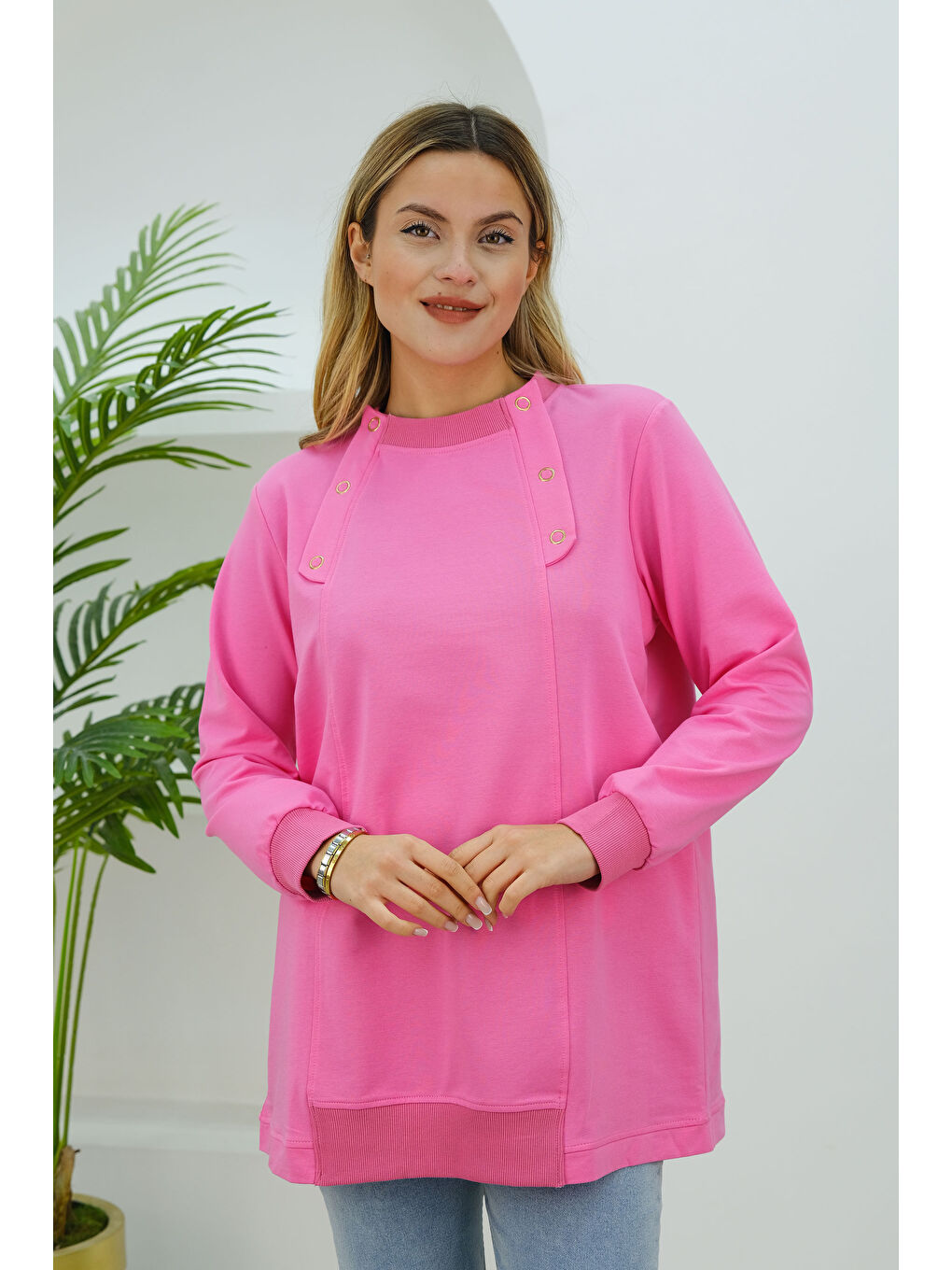 Locco Moda Kuş Gözü Detaylı Tunik Pembe