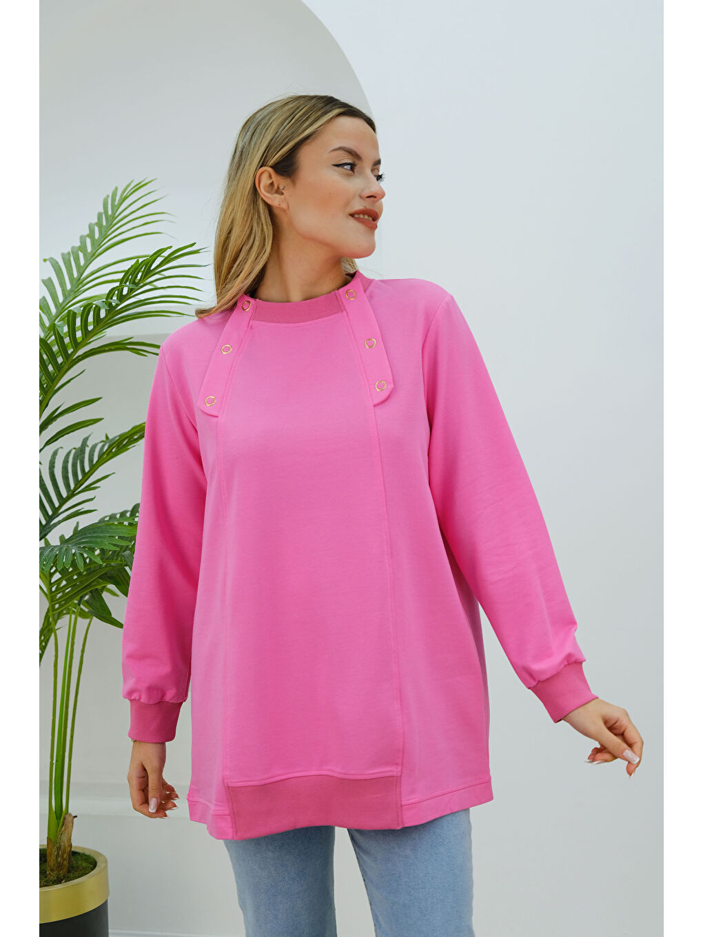 Locco Moda Kuş Gözü Detaylı Tunik Pembe - 1