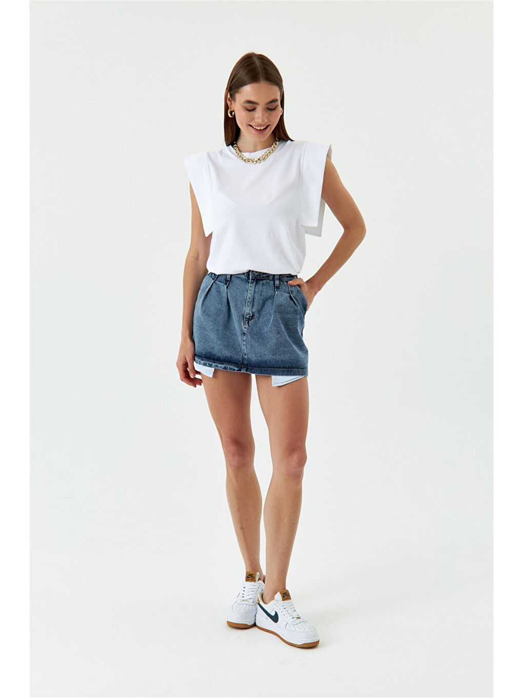 Mini Pileli Mavi Jean Etek-1