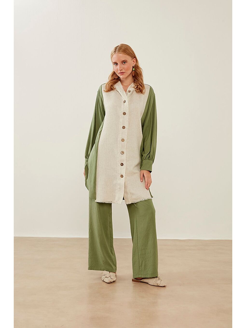 Bel Lastikli Bol Paça Yeşil Pantolon-2