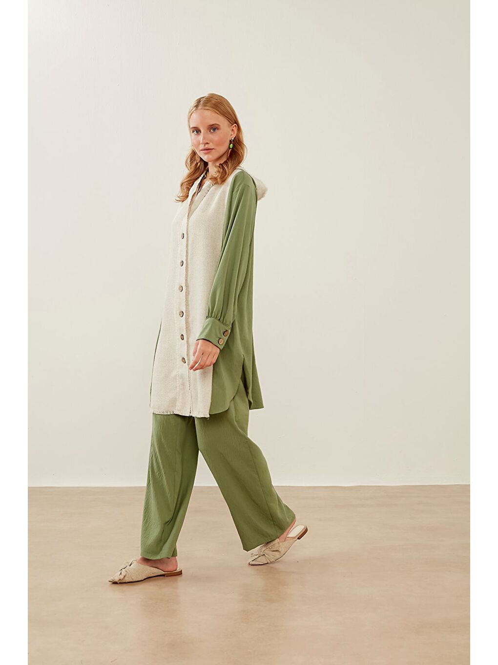 Bel Lastikli Bol Paça Yeşil Pantolon-4