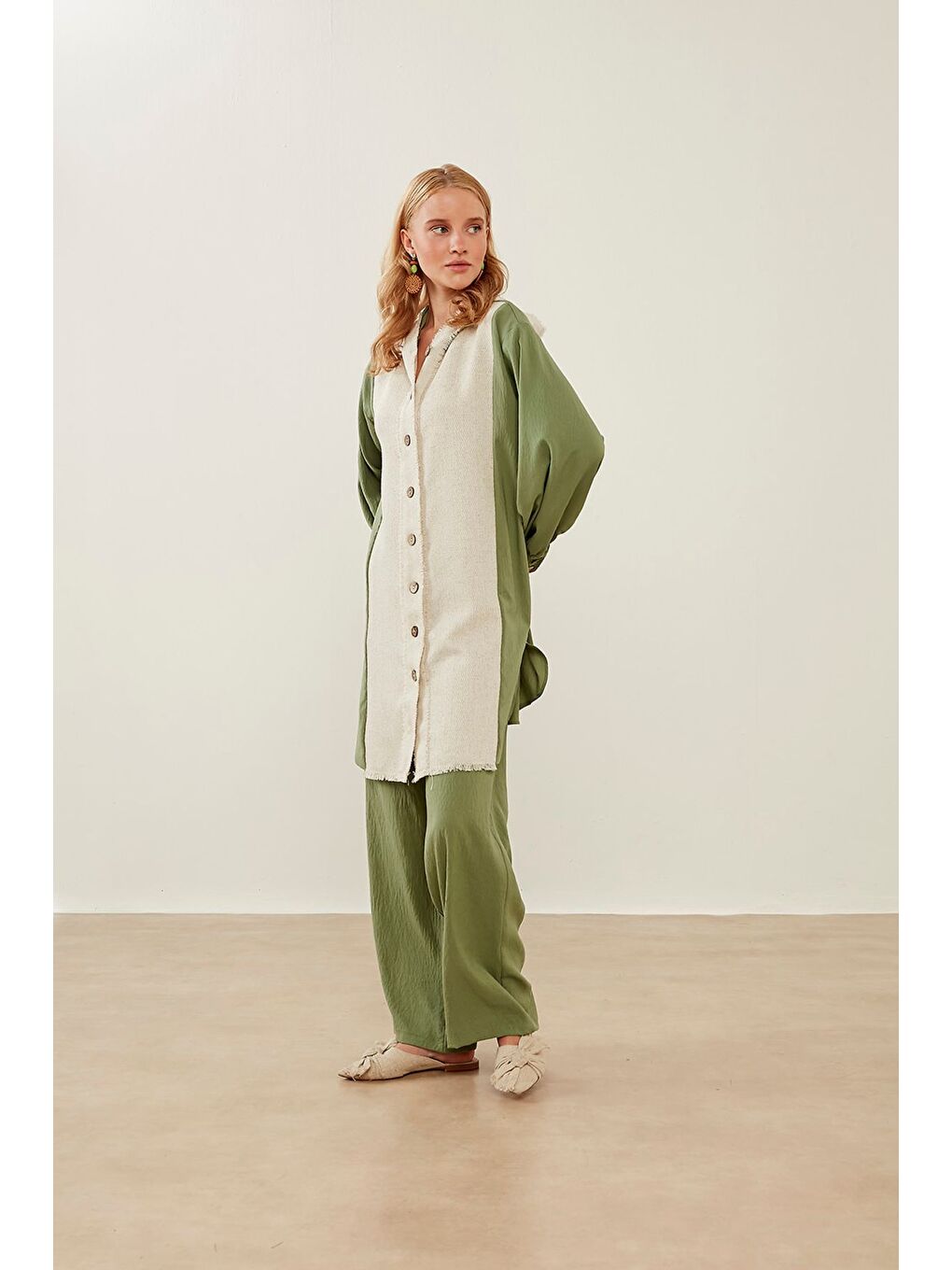 Bel Lastikli Bol Paça Yeşil Pantolon-5