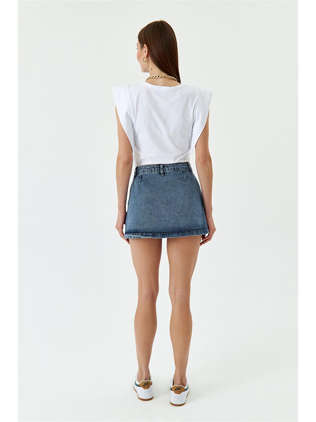 Mini Pileli Mavi Jean Etek-2