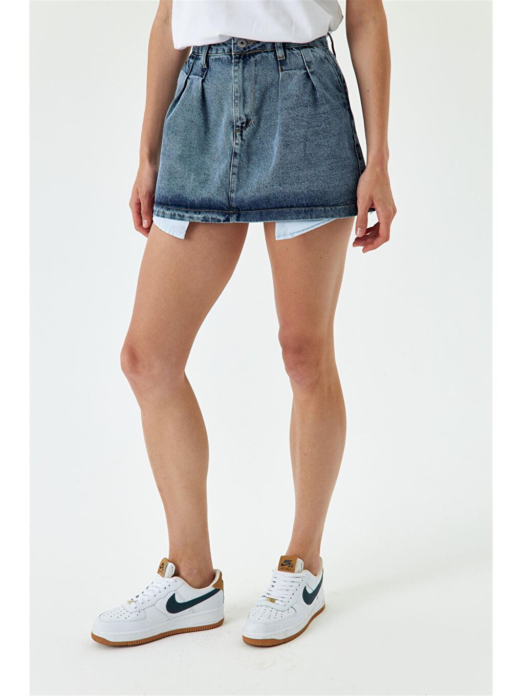 Mini Pileli Mavi Jean Etek-3