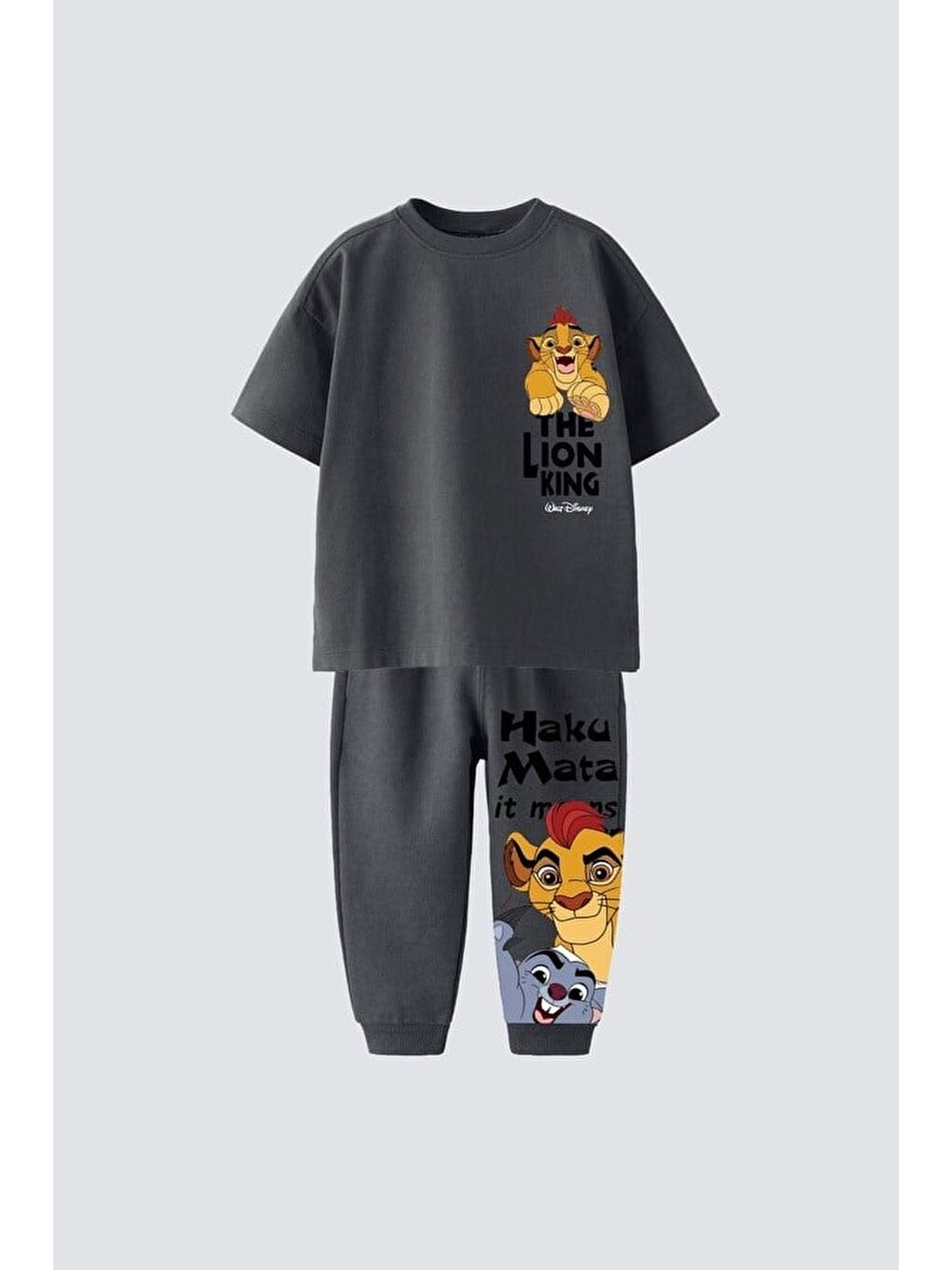 Erkek Çocuk Pamuklu Antrasit Aslan Baskılı Tişört Eşofman Takım - Jogger Alt Parçalı-1