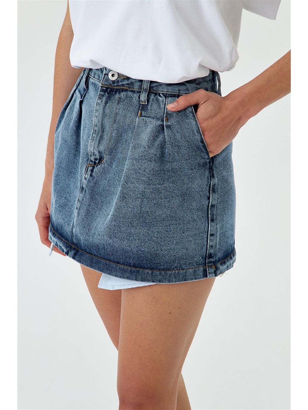 Mini Pileli Mavi Jean Etek-4