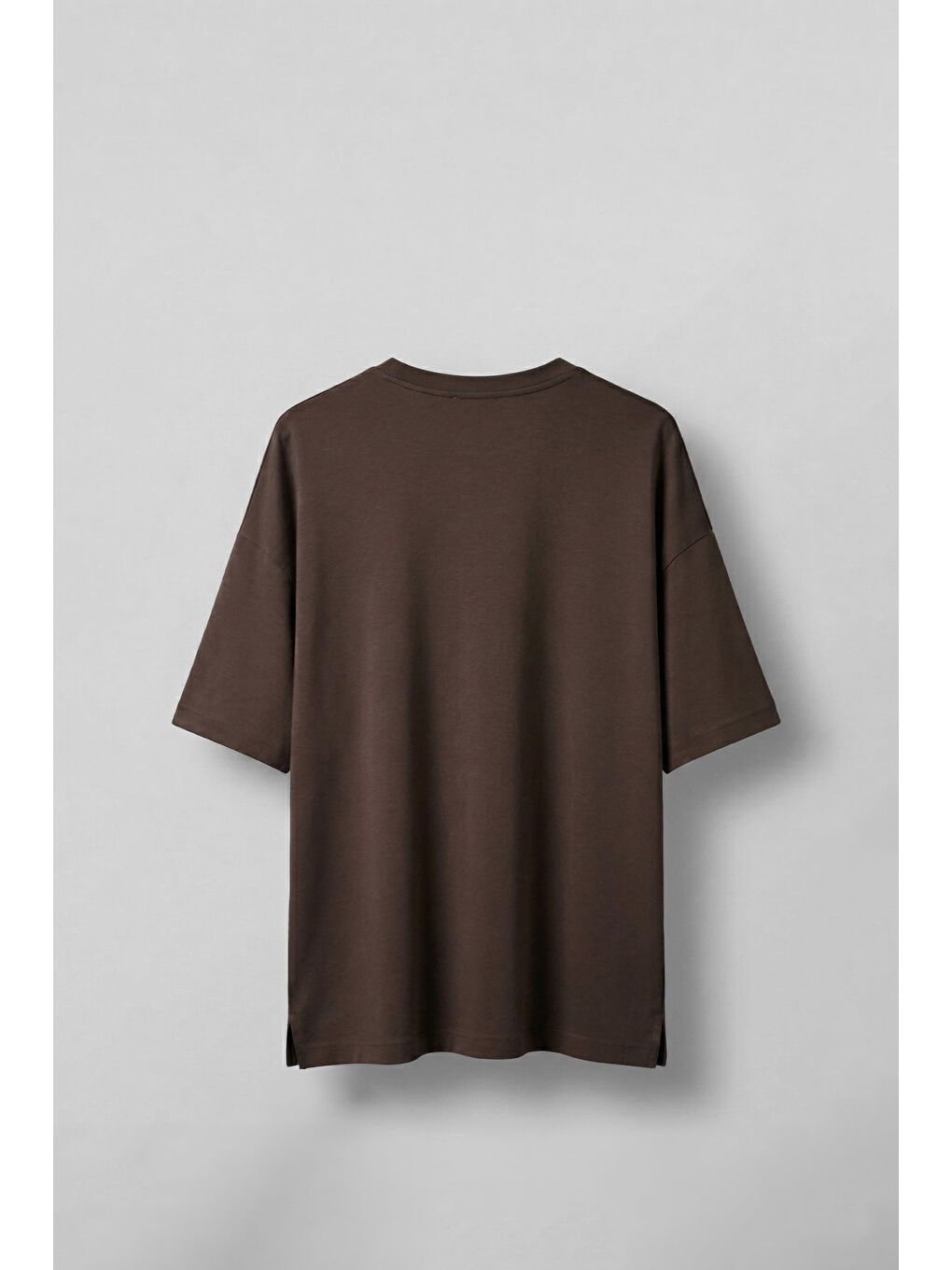 Erkek Oversize Esnek Kumaş Basic T-Shirt Kahverengi-1