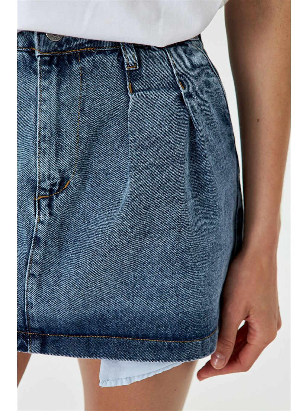 Mini Pileli Mavi Jean Etek-5