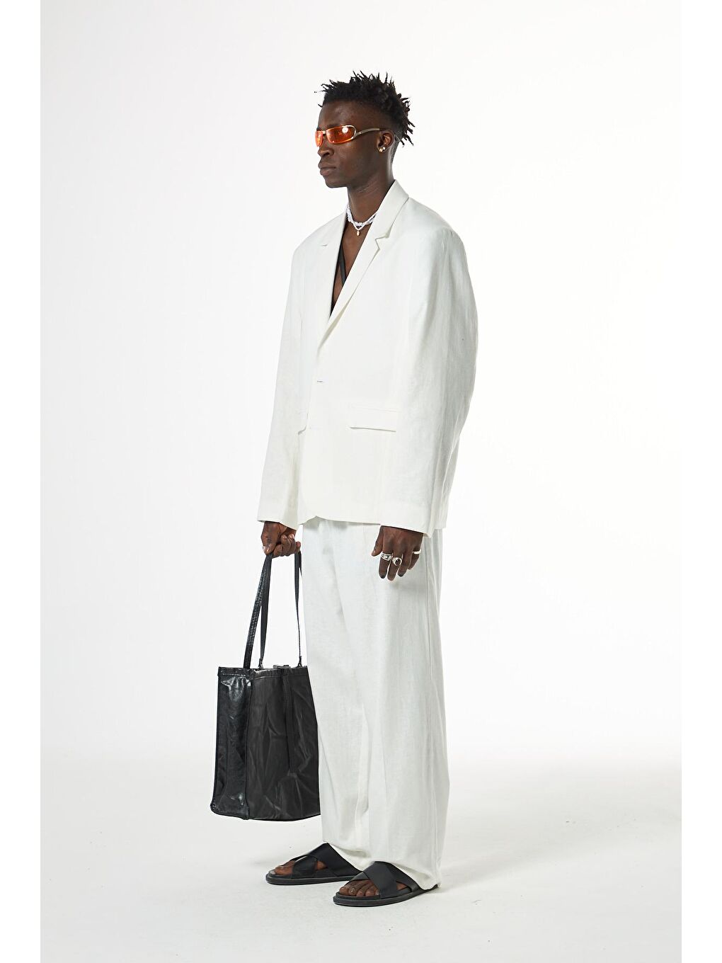 Ekru Oversize %100 Keten Erkek Takım Elbise-1