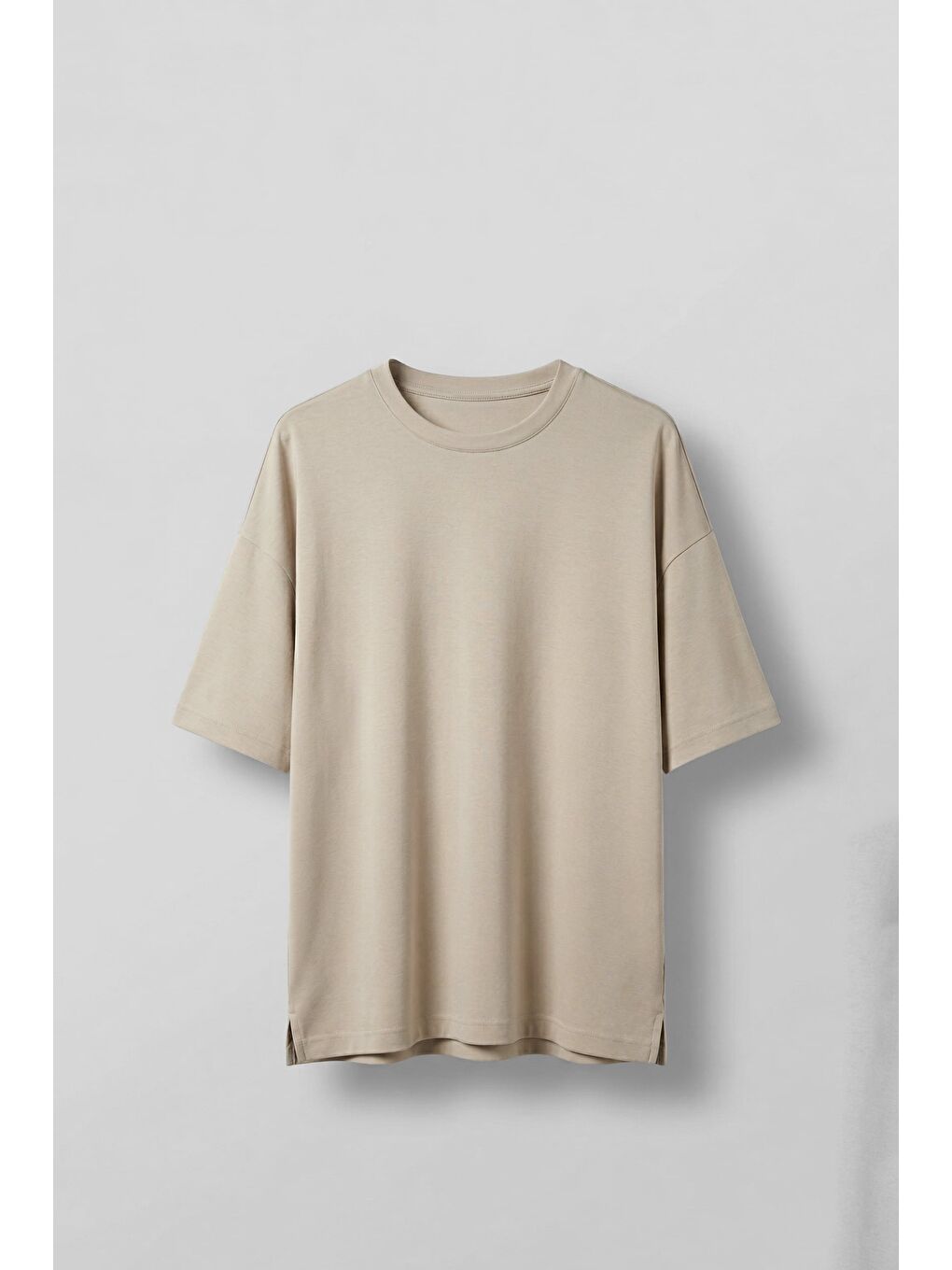 Erkek Oversize Esnek Kumaş Basic T-Shirt Bej
