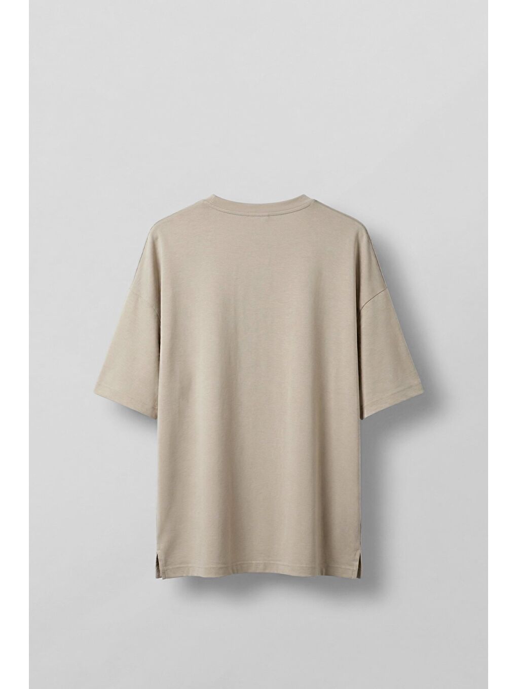 Erkek Oversize Esnek Kumaş Basic T-Shirt Bej-1