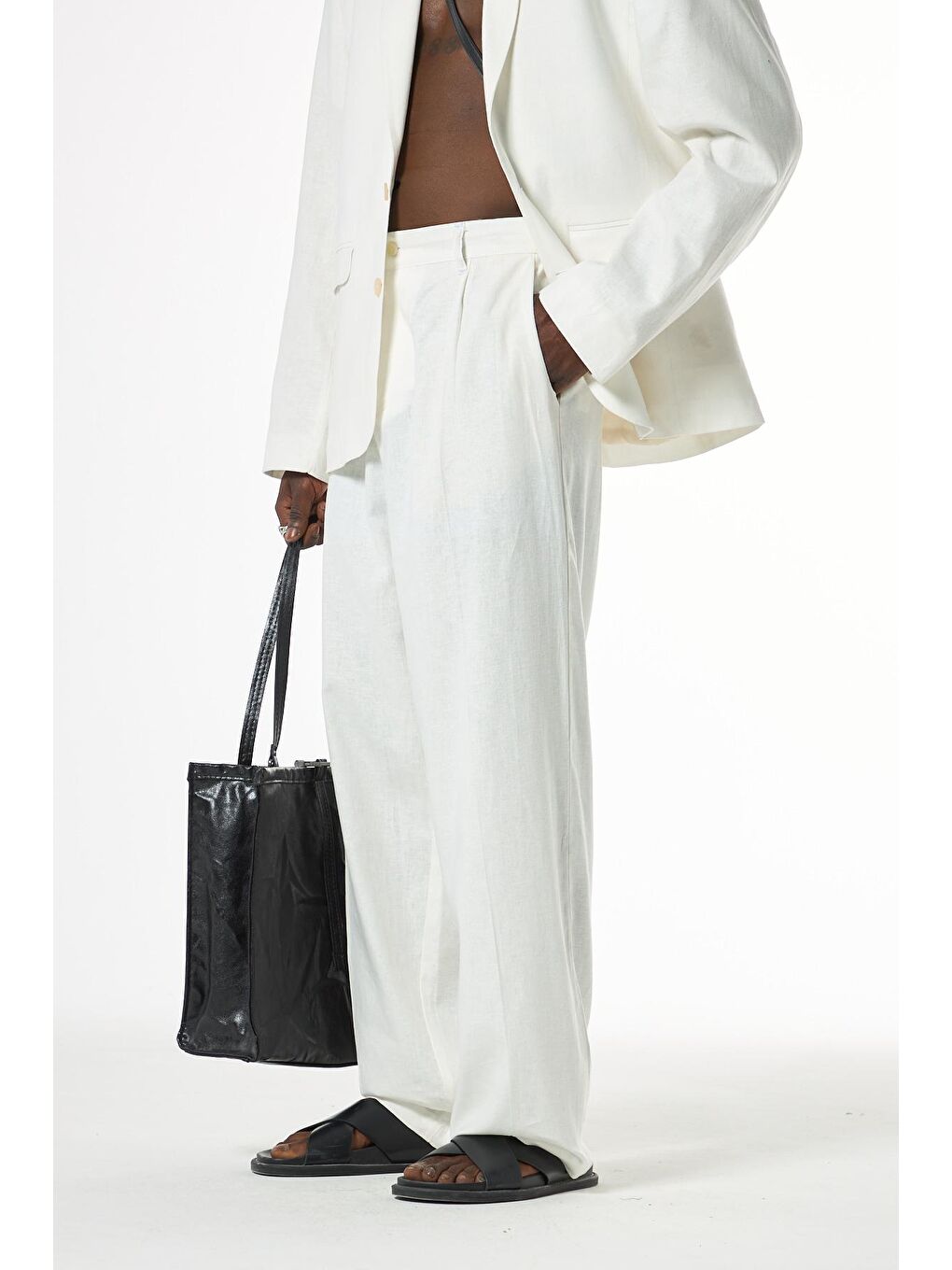 Ekru Oversize %100 Keten Erkek Takım Elbise-2