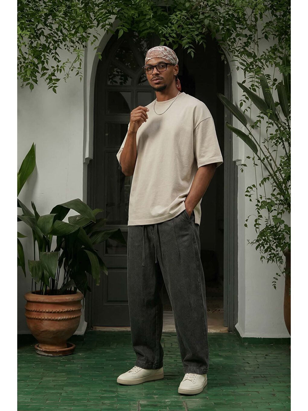 Erkek Oversize Esnek Kumaş Basic T-Shirt Bej-2