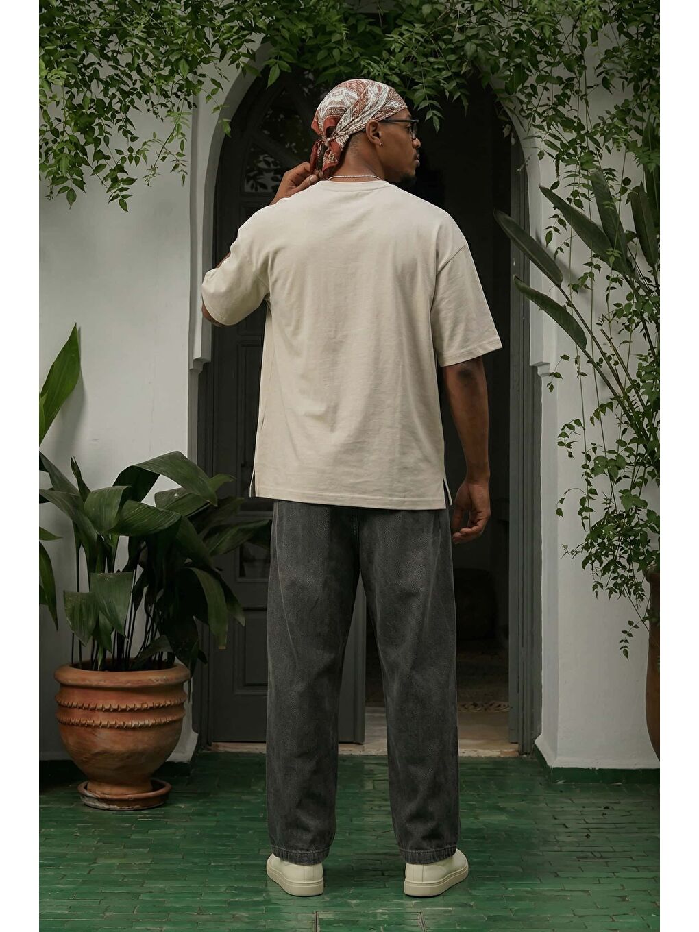 Erkek Oversize Esnek Kumaş Basic T-Shirt Bej-3