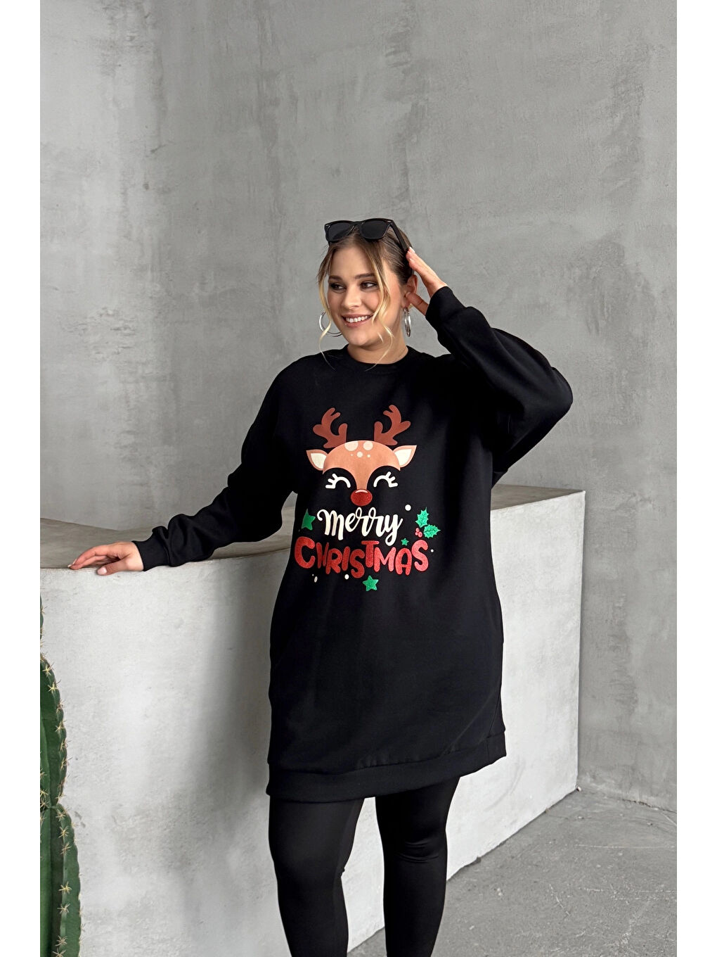 Stil Diva Siyah Büyük Beden Yılbaşı Temalı Bisiklet Yaka Uzun Kollu Cepli Sweatshirt Elbise 303827 - 3