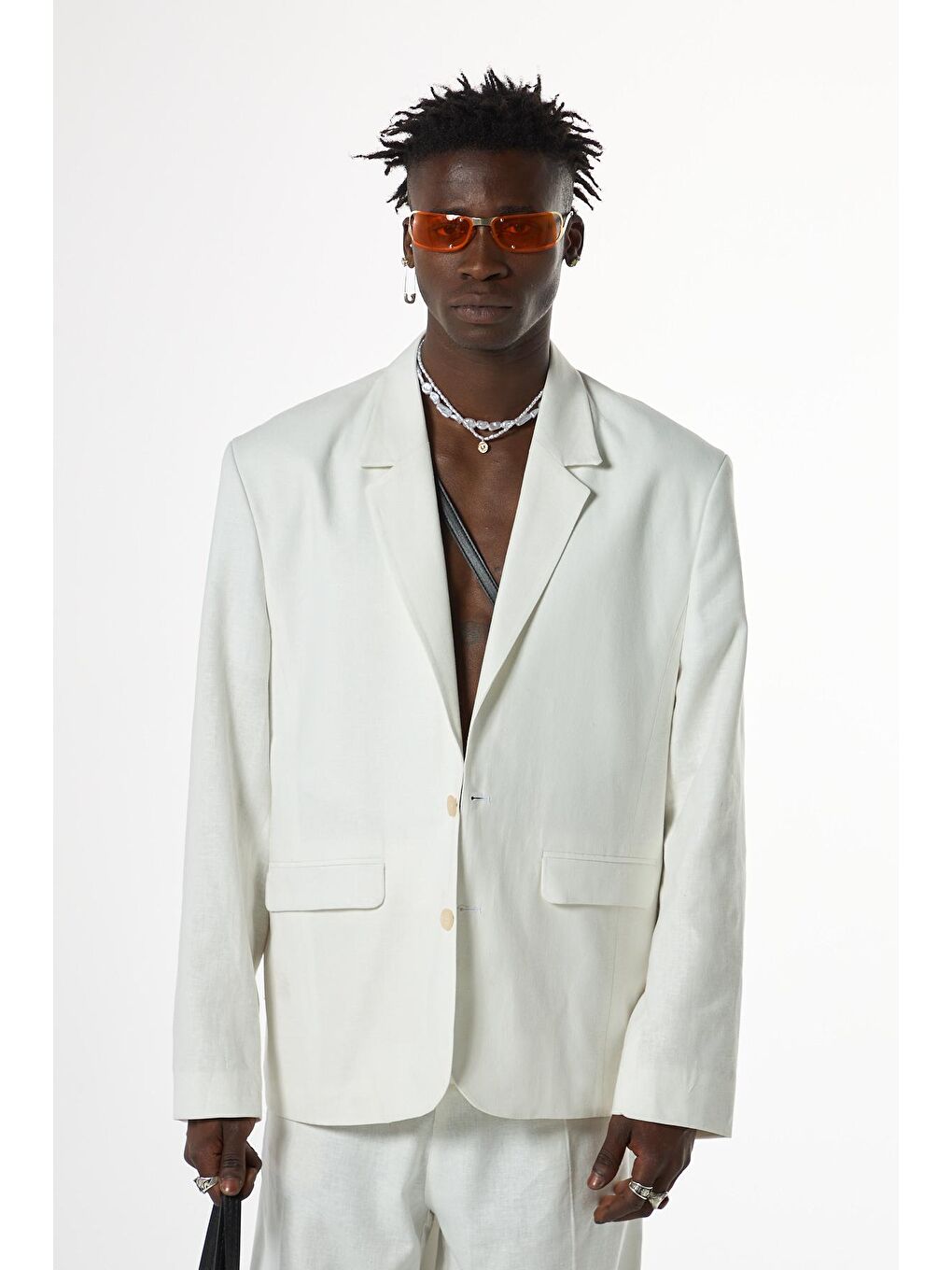 Ekru Oversize %100 Keten Erkek Takım Elbise-4