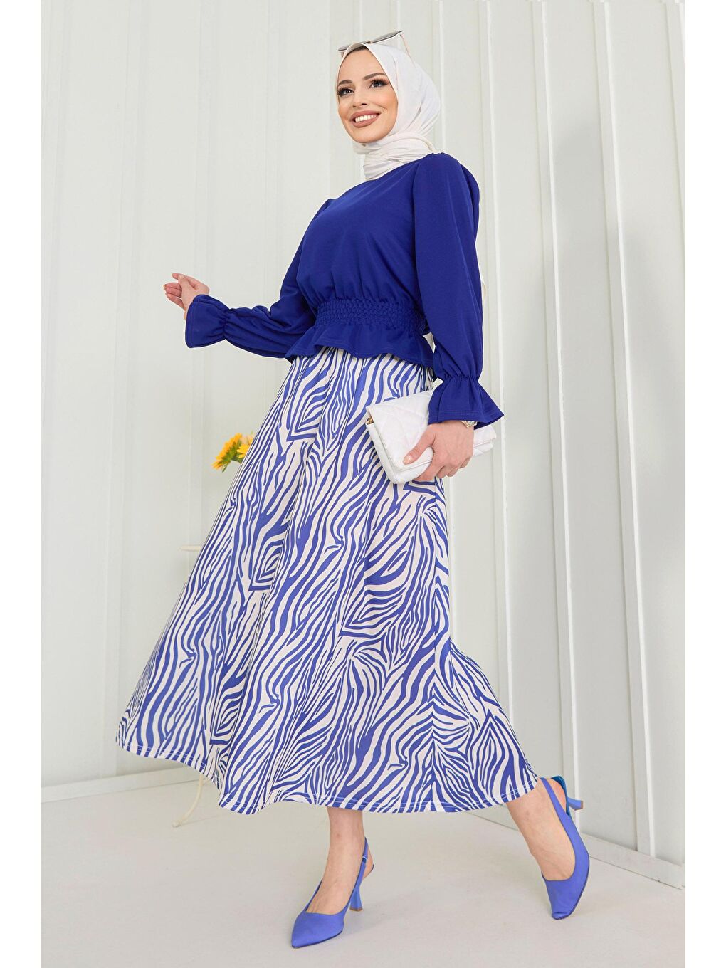 Bisiklet Yaka Kadın Mavi Bluz+Etek - 10564