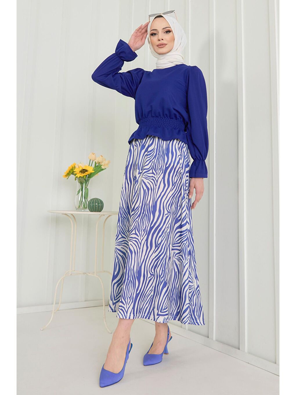 Bisiklet Yaka Kadın Mavi Bluz+Etek - 10564-1