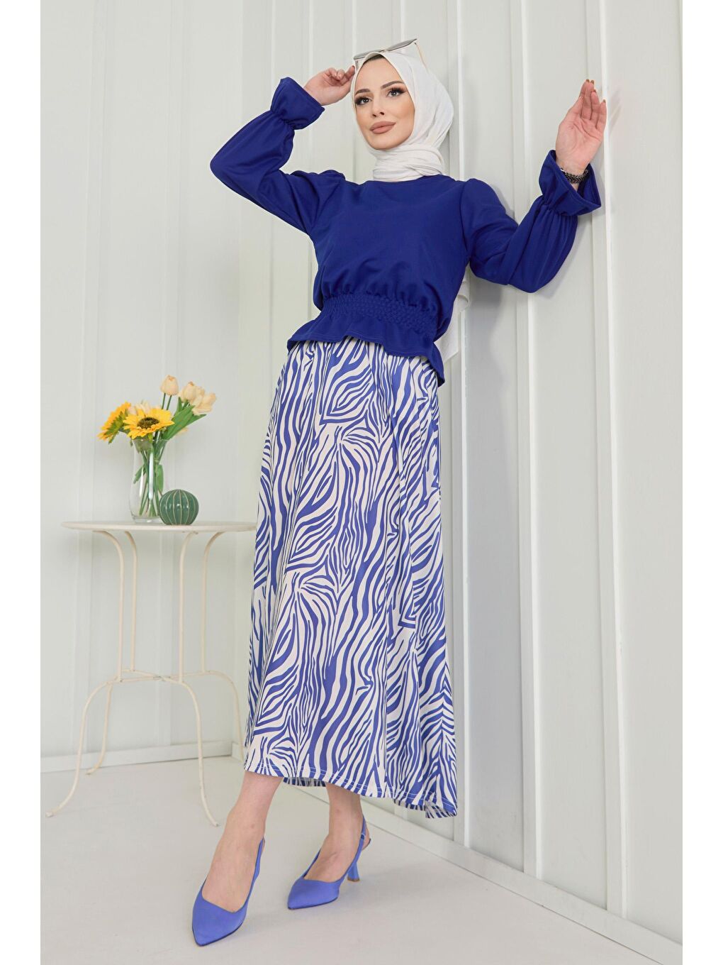 Bisiklet Yaka Kadın Mavi Bluz+Etek - 10564-2