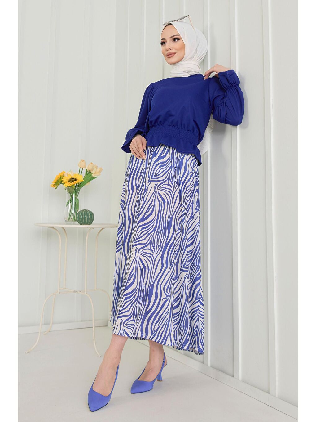 Bisiklet Yaka Kadın Mavi Bluz+Etek - 10564-3