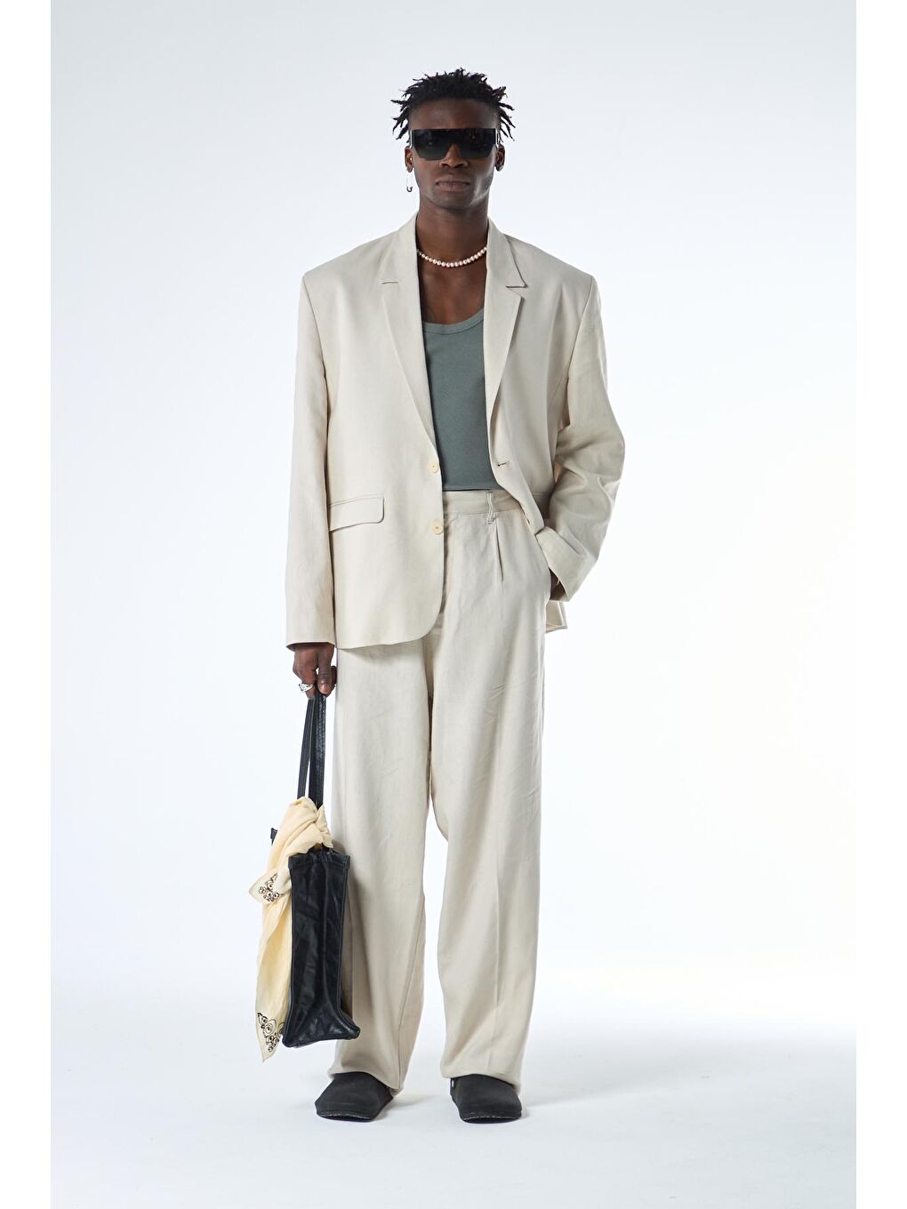 Bej Oversize %100 Keten Erkek Takım Elbise