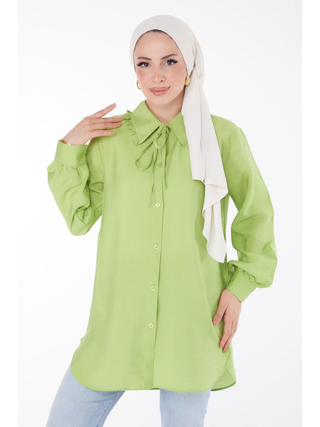Gömlek Yaka Kadın Yeşil İp Detaylı Tunik - 25835-1