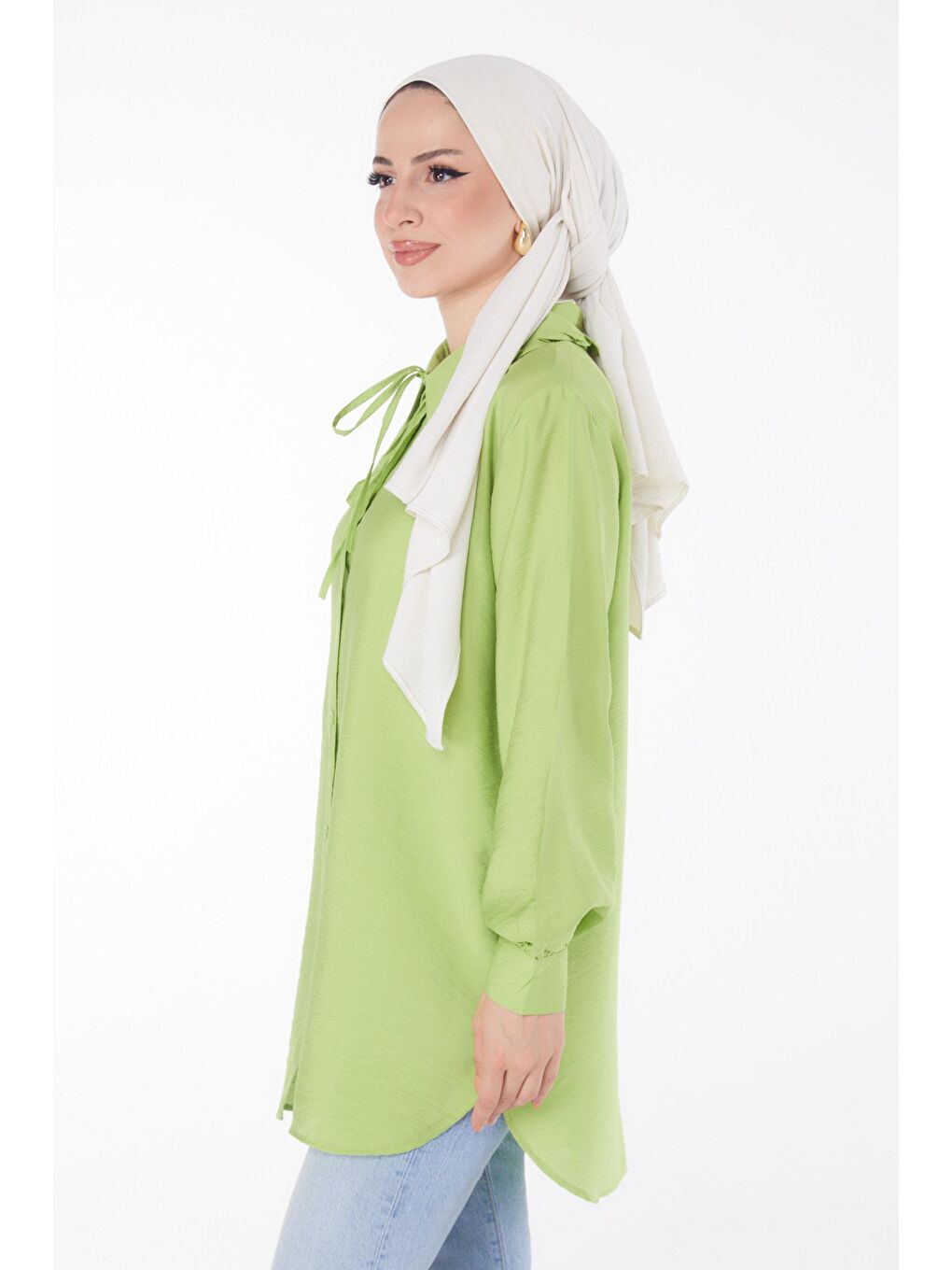 Gömlek Yaka Kadın Yeşil İp Detaylı Tunik - 25835-2