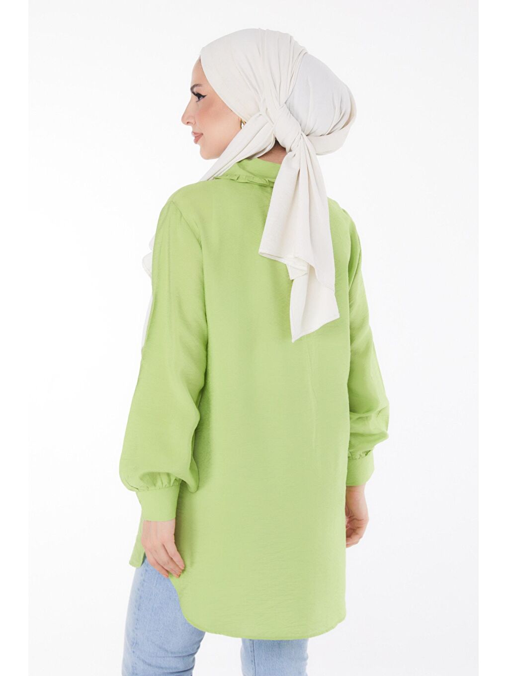 Gömlek Yaka Kadın Yeşil İp Detaylı Tunik - 25835-3
