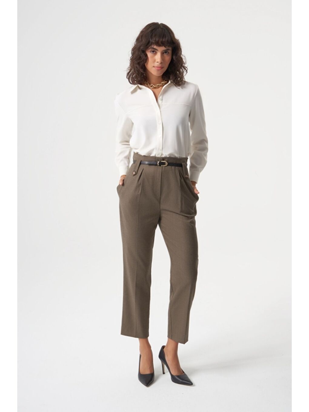 MZL Balıksırtı  Dokuma Tek Pile Detaylı Kemerli Kahverengi Pantolon