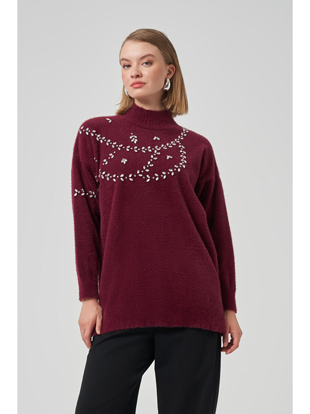 Taş Detay Angora Kazak Tunik 7002 Bordo