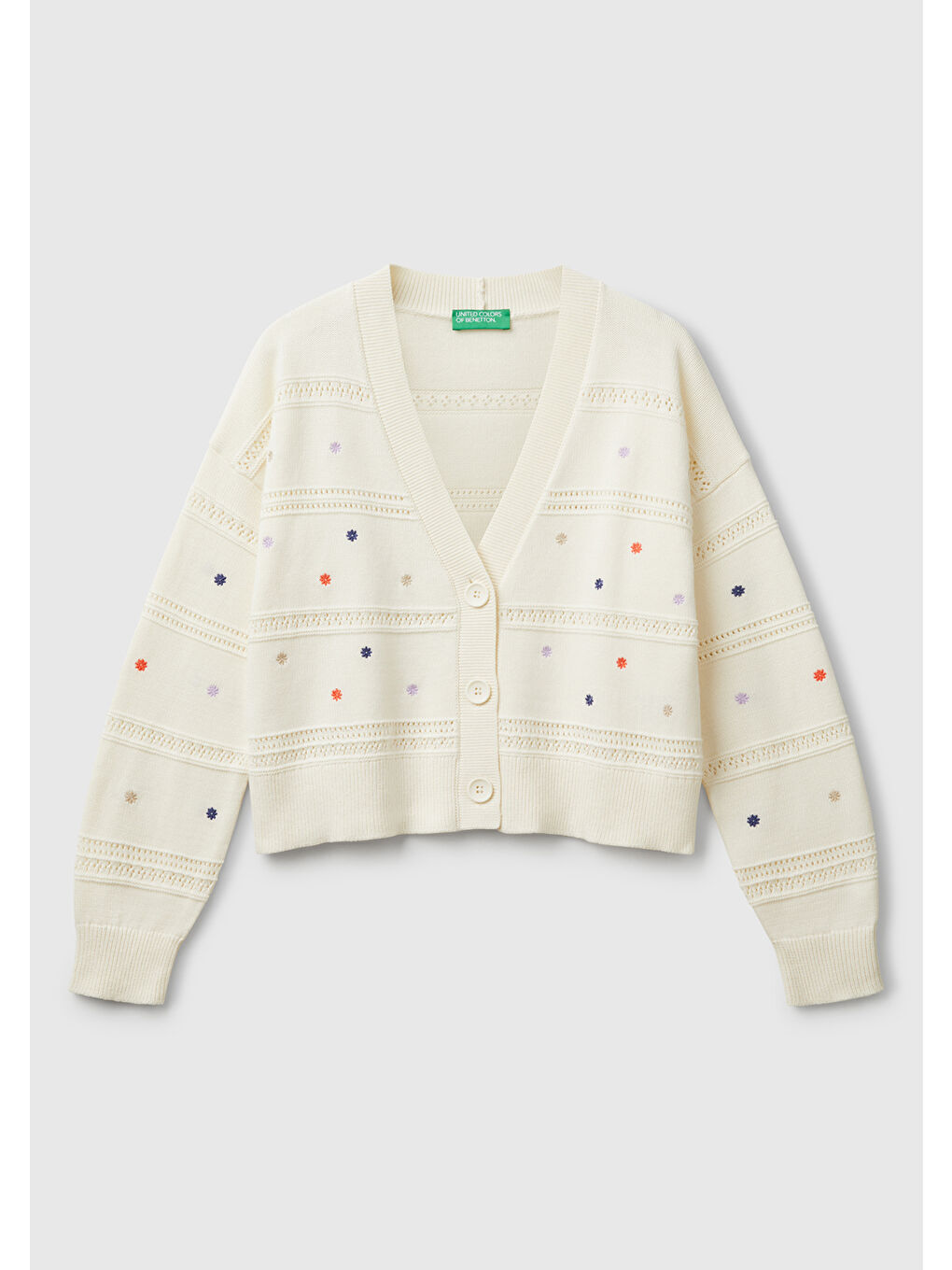 Ekru Kadın Krem %100 Pamuk Çiçek İşlemeli Nervür Detaylı Düşük Omuzlu Hırka-1