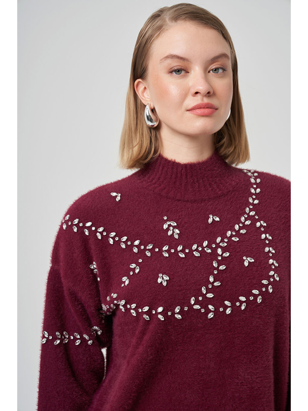 Taş Detay Angora Kazak Tunik 7002 Bordo-1