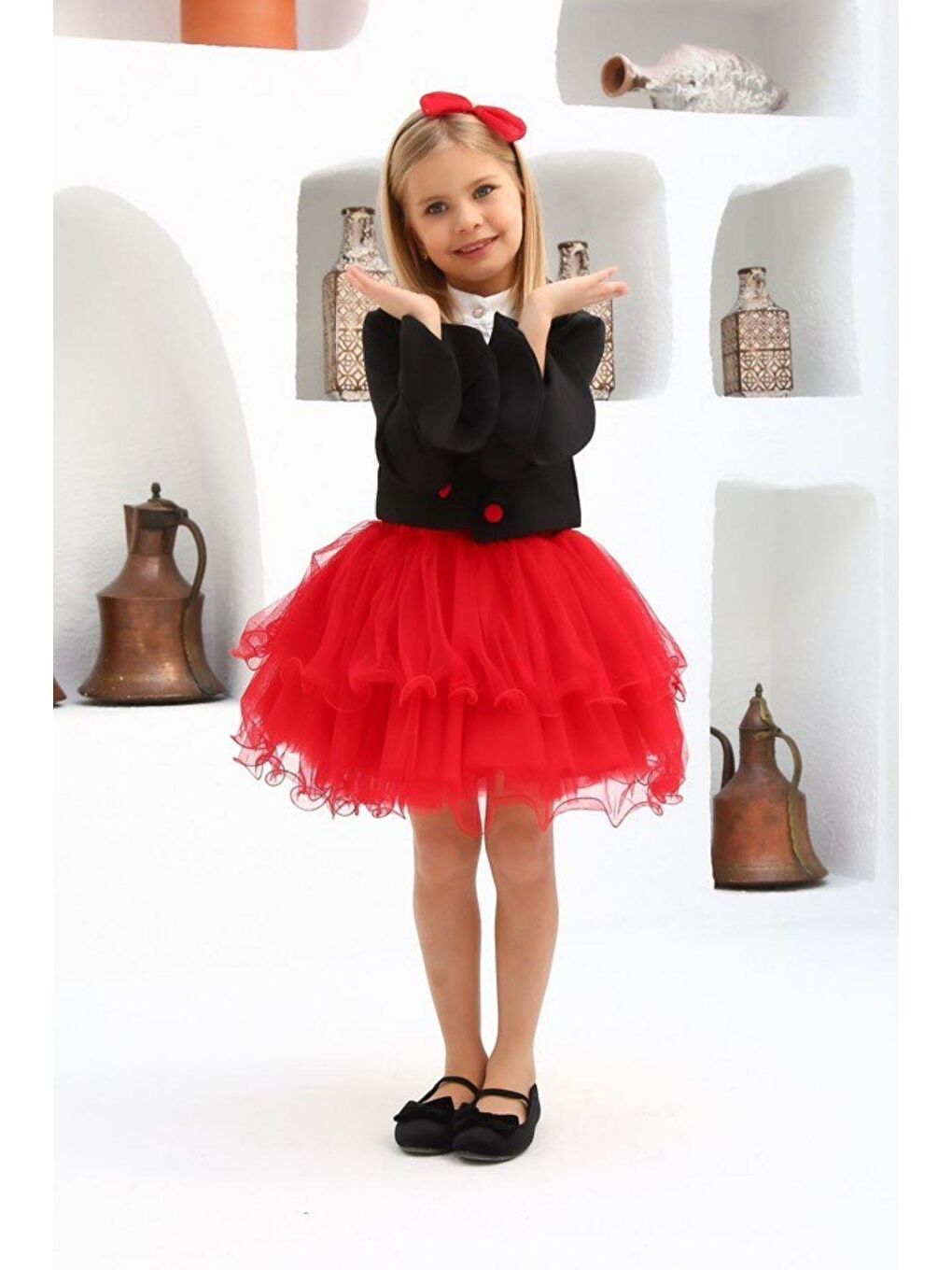 Kız Çocuk İspanyol Kollu Açık Yakalı Ceket Bant Yakalı Bluz Kırmızı Etekli Takım 3-12 Yaş