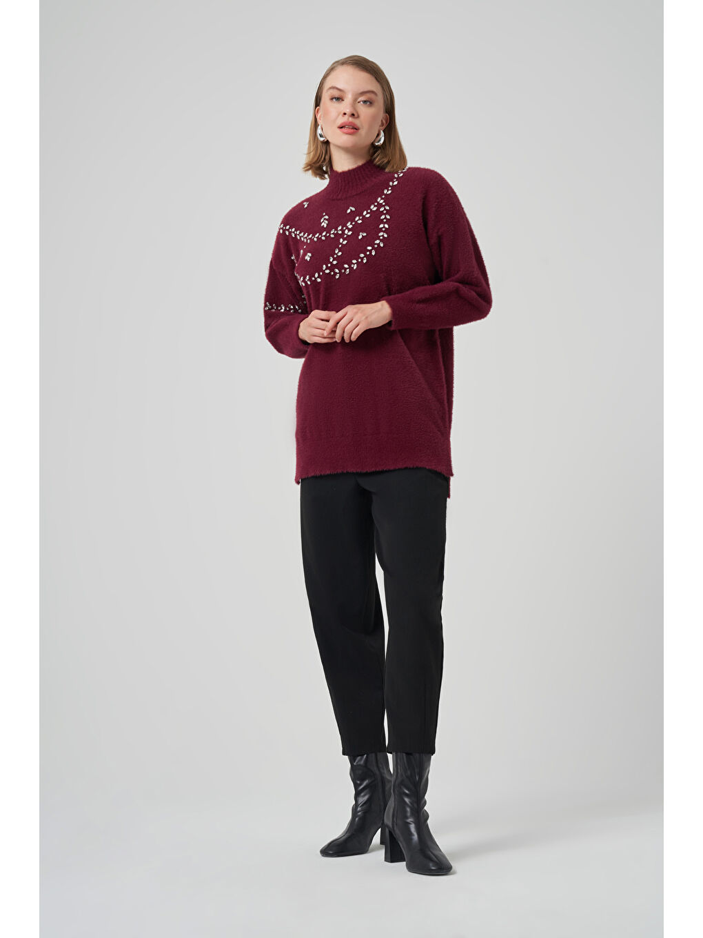 Taş Detay Angora Kazak Tunik 7002 Bordo-3