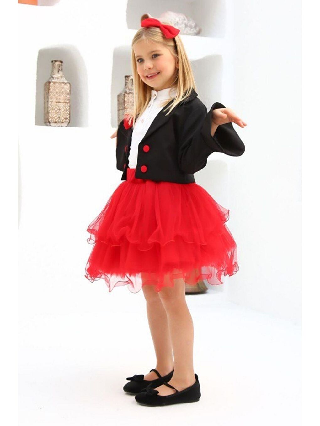 Kız Çocuk İspanyol Kollu Açık Yakalı Ceket Bant Yakalı Bluz Kırmızı Etekli Takım 3-12 Yaş-1