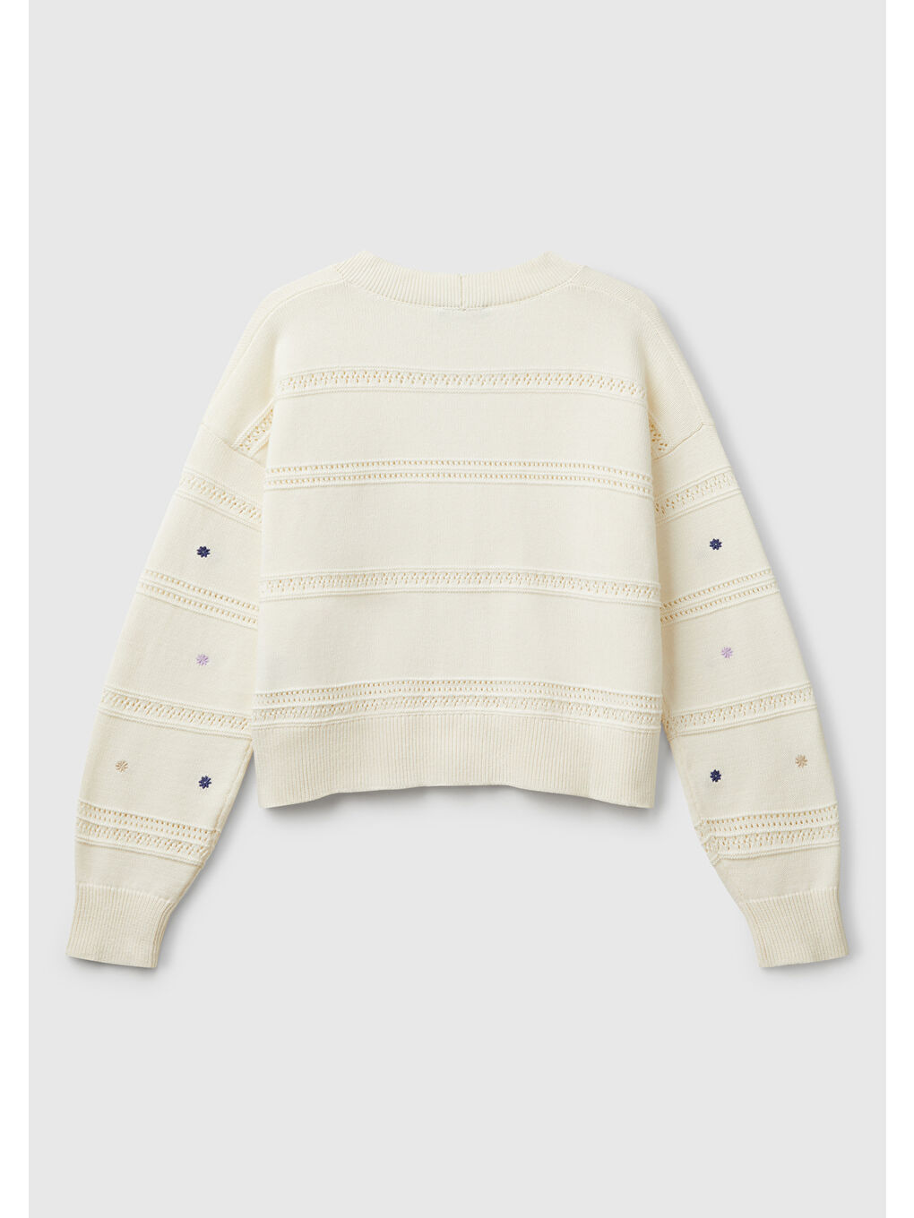 Ekru Kadın Krem %100 Pamuk Çiçek İşlemeli Nervür Detaylı Düşük Omuzlu Hırka-3