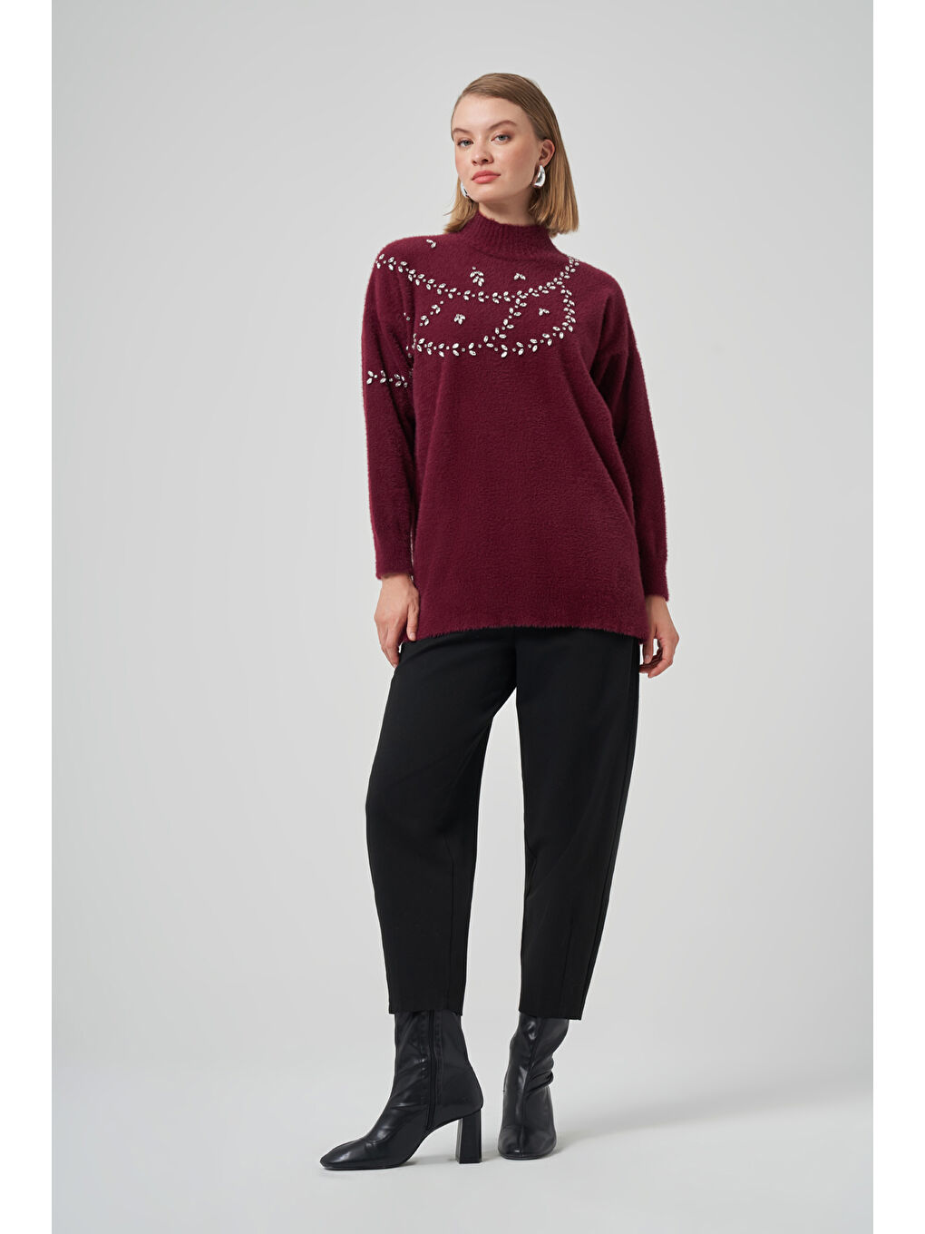 Taş Detay Angora Kazak Tunik 7002 Bordo-4