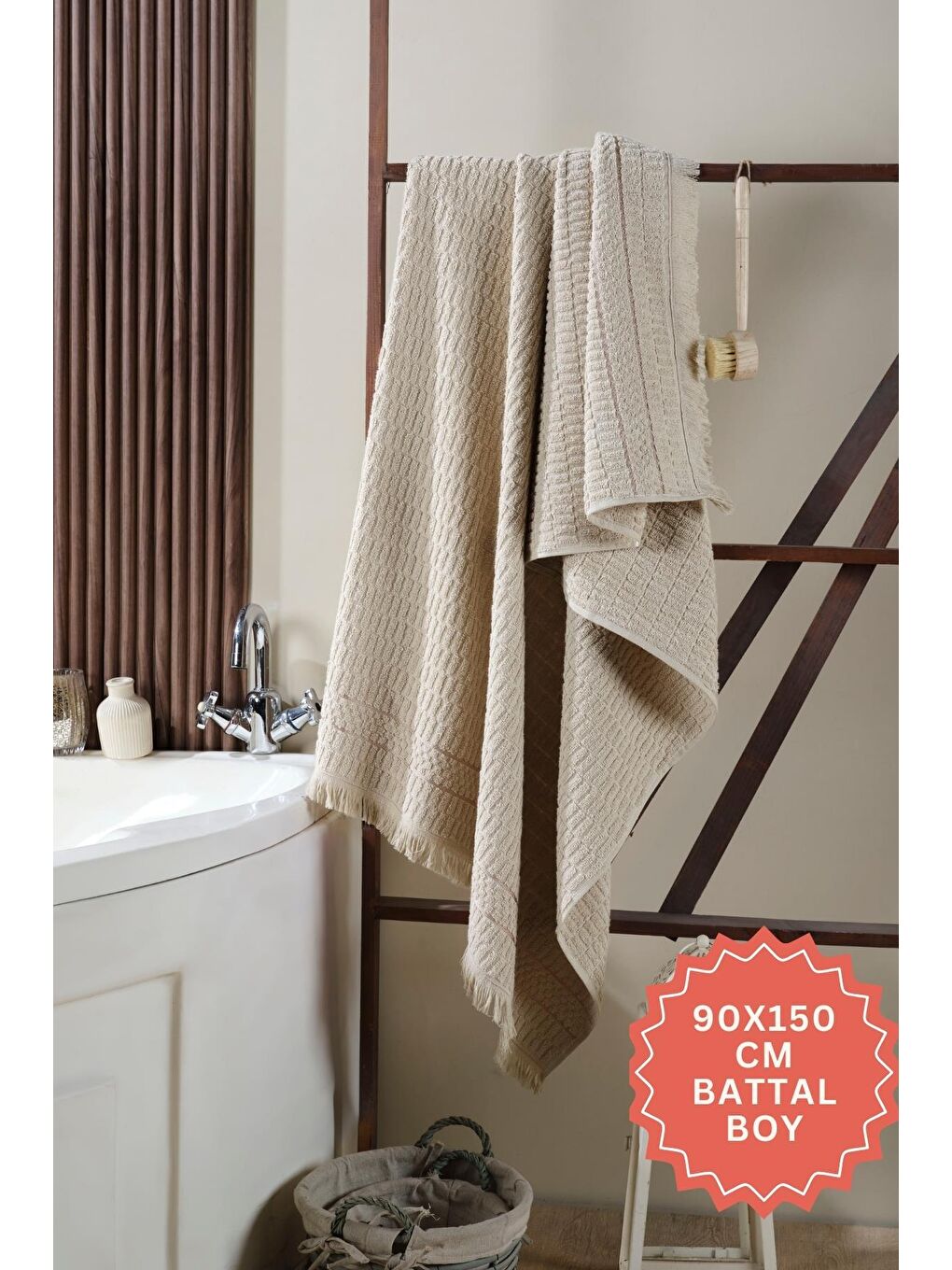 Zeynep Tekstil Bej Daphne Banyo Havlusu 90x150 Cm %100 Pamuk Battal Boy