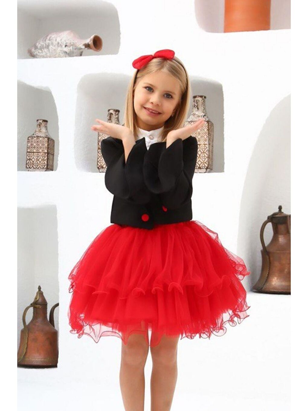 Kız Çocuk İspanyol Kollu Açık Yakalı Ceket Bant Yakalı Bluz Kırmızı Etekli Takım 3-12 Yaş-2